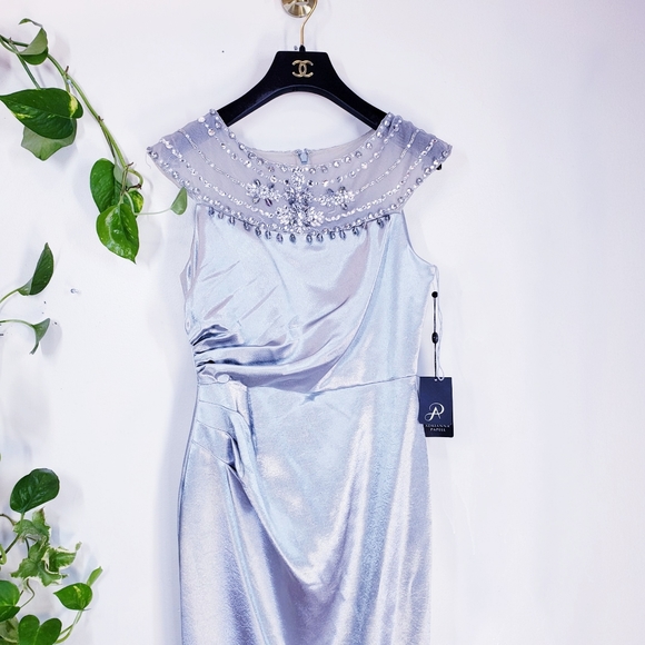 $299 NWT ADRIANNA PAPELL Women's Silver Maxi Dress 4 SMALL Mesh Beaded Ruched - Picture 7 of 12